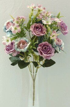 Роза искусственная с лютиком куст (сиренево-голубая)