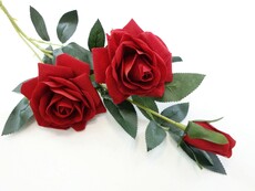 Роза искусственная бархат два цветка и бутон ветка (красная)